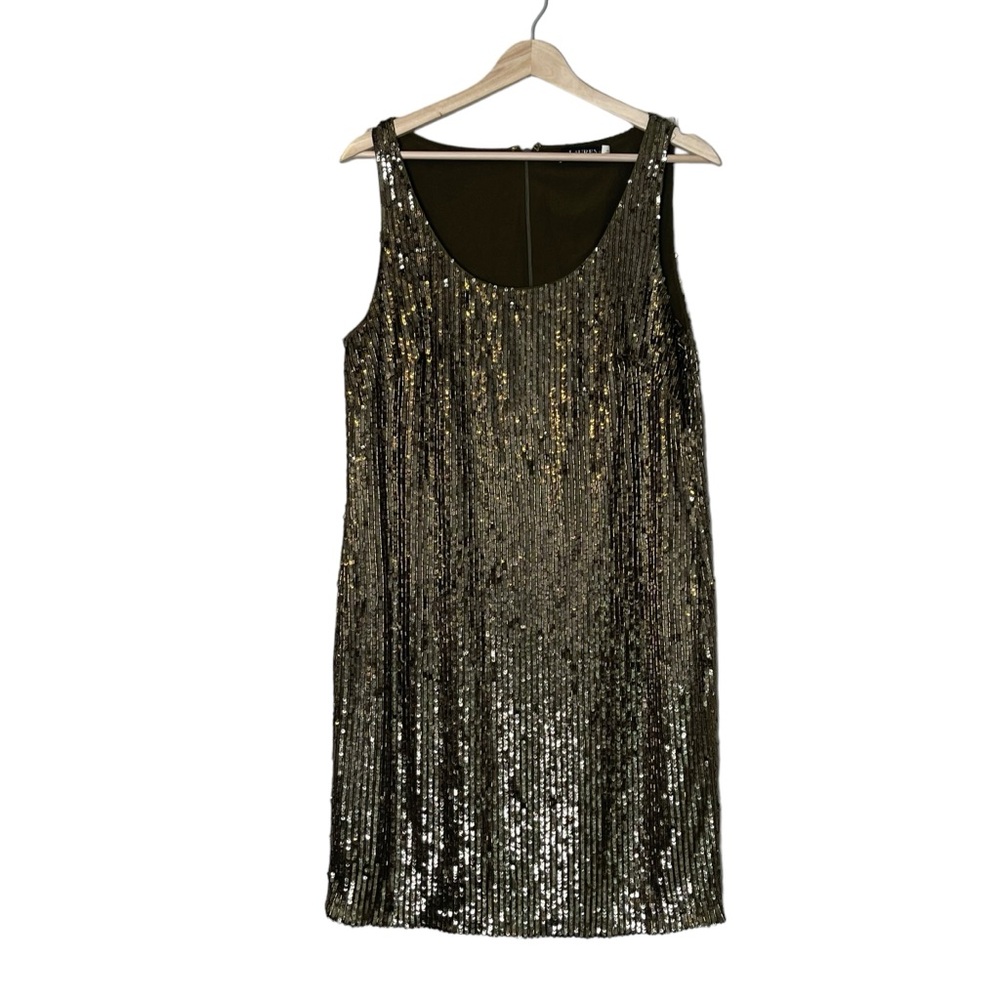 Lauren Ralph Lauren Gold Green Sequins Shift Party Dress Size 10 Sleeveless